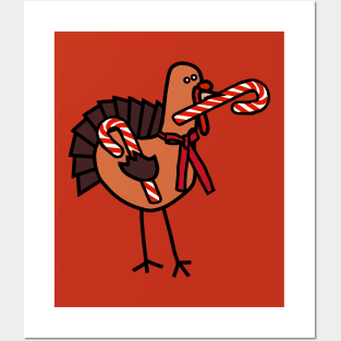 Thanksgiving Turkey Holding Christmas Candy Cane Posters and Art